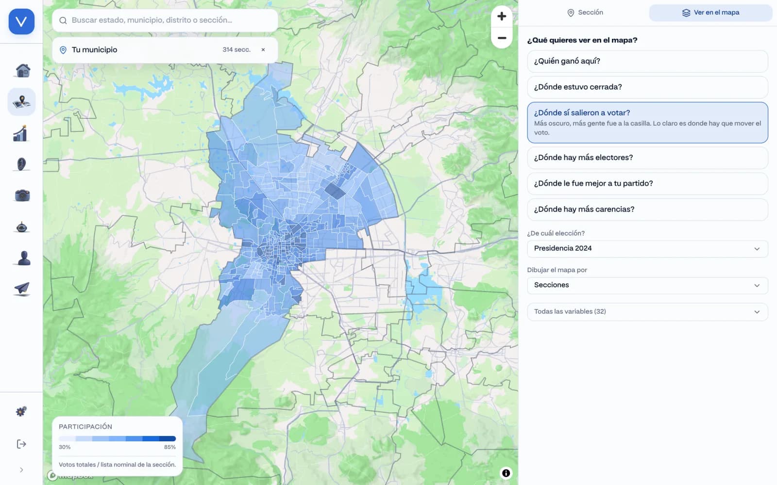 Pantalla de análisis seccional de VoxData: un municipio dividido en secciones, más oscuras donde más gente votó en 2024, y el panel de preguntas para cambiar lo que muestra el mapa.