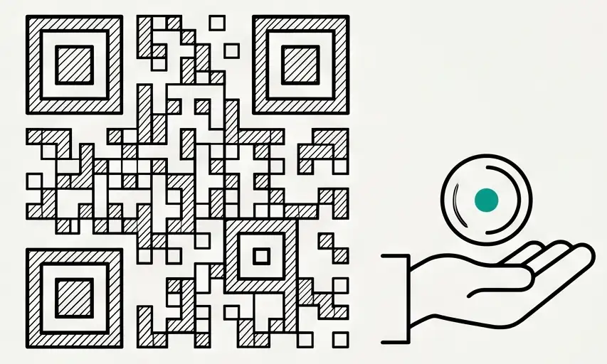 A QR code next to a hand holding a coin