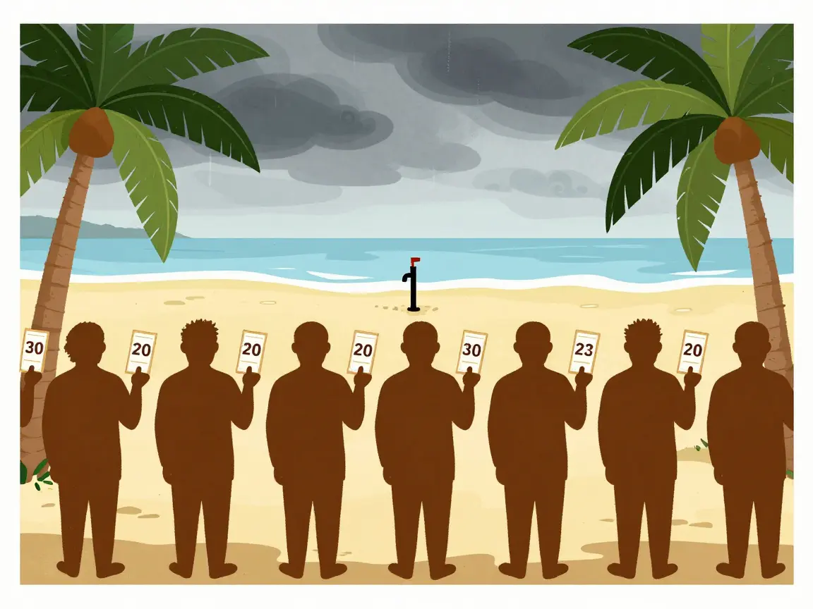 Caricatura de una larga fila de siluetas de espaldas con números frente a una llave de agua en una calle de playa.