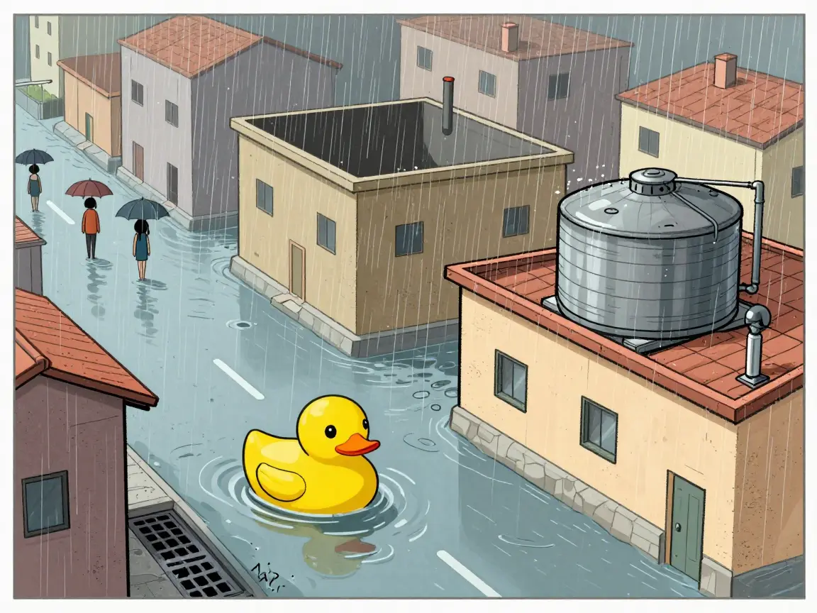 Caricatura de una calle inundada con un patito de hule, una coladera tapada y un tinaco seco en la azotea.
