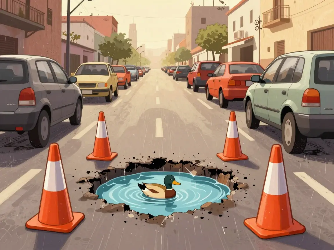 Caricatura de un bache grande con agua y un pato nadando mientras los coches esperan