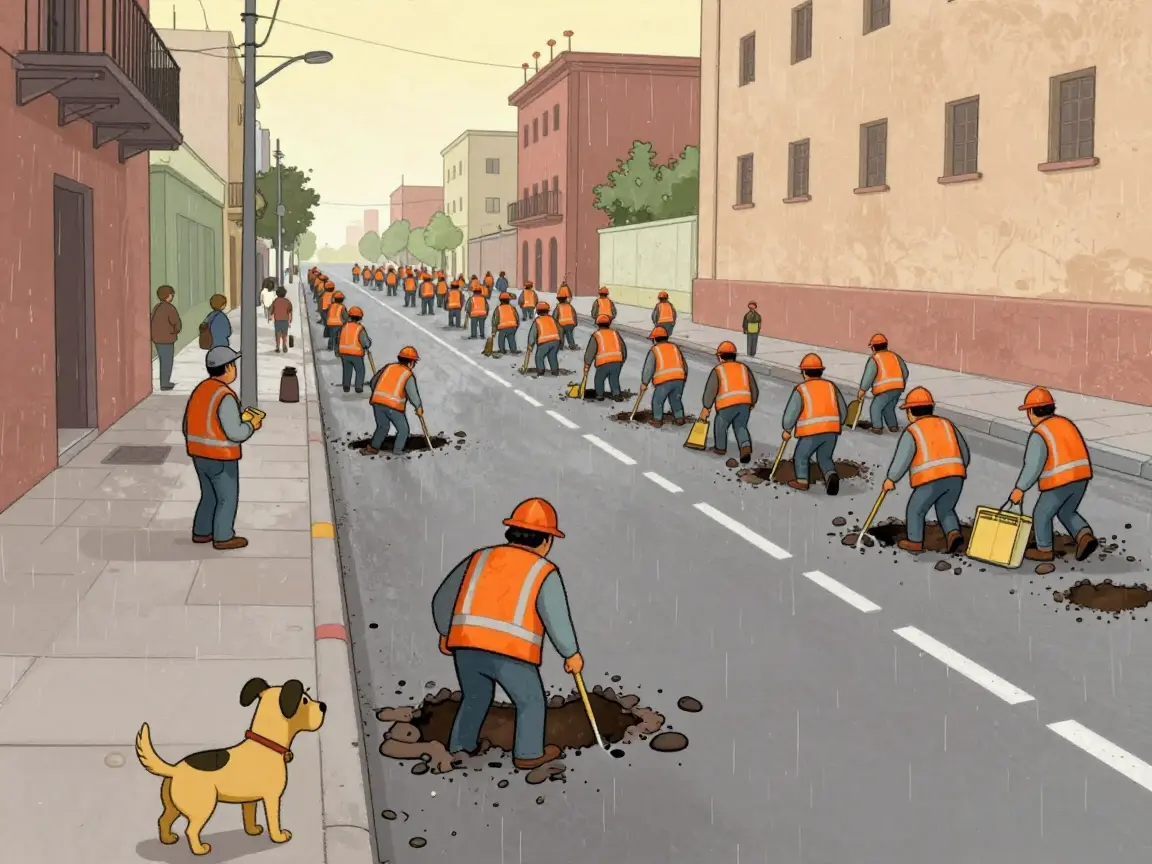 Caricatura de cuadrillas tapando baches mientras salen otros nuevos en una calle mojada