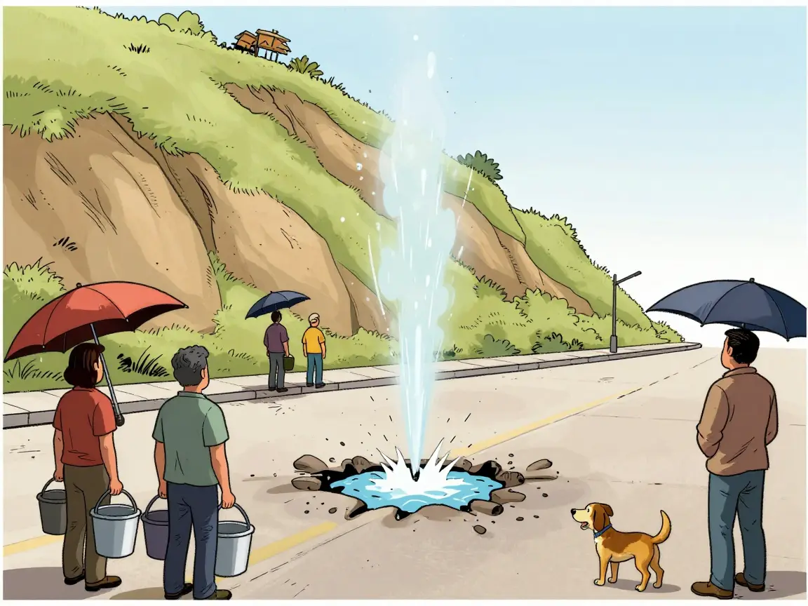 Caricatura de una calle con un bache que lanza un chorro de agua mientras vecinos de espaldas lo miran con cubetas.