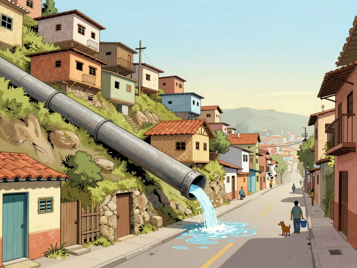 Caricatura de colonia en ladera con una fuga que forma una cascada en la calle.