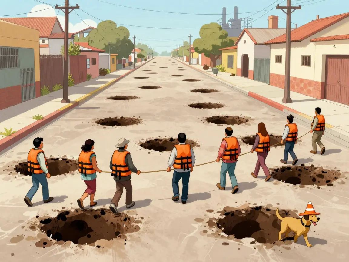 Caricatura de una avenida con baches gigantes y peatones de espaldas con salvavidas.