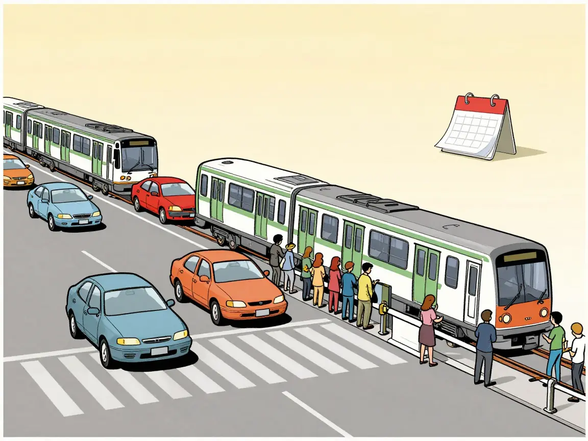 Caricatura de un tren que cruza una calle con autos y camiones esperando, y una urna al fondo.