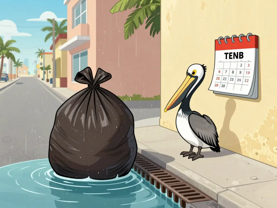 Caricatura de una calle de Cancún con una bolsa de basura que forma un charco sobre una rejilla y un pelícano al lado.