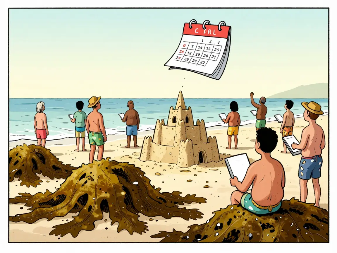 Caricatura de una playa llena de sargazo con turistas de espaldas y una urna con forma de castillo de arena.