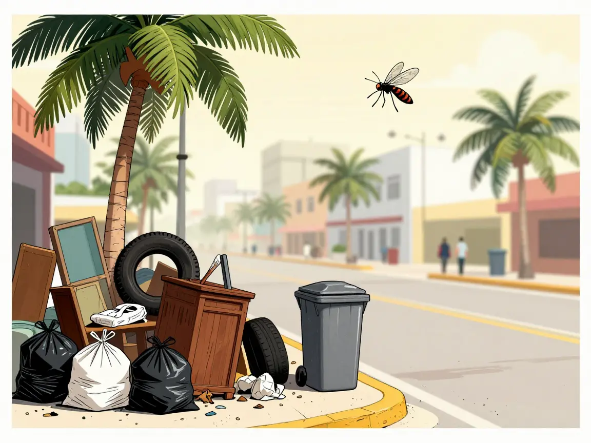 Caricatura de una esquina de Cancún con muebles viejos, llantas y bolsas de basura, y un mosquito con banda sobrevolando.