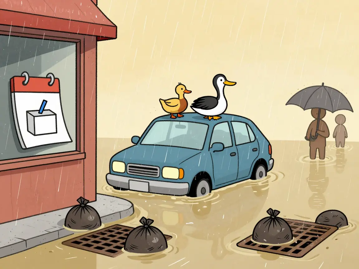 Caricatura de una calle inundada con rejillas tapadas por bolsas de basura, un pato sobre un coche y gente con paraguas.