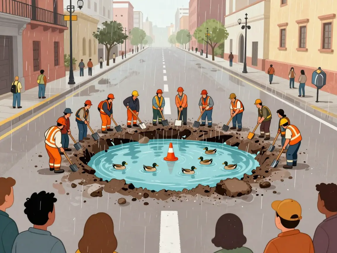 Caricatura de un bache enorme convertido en estanque con patos y obreros de espaldas.