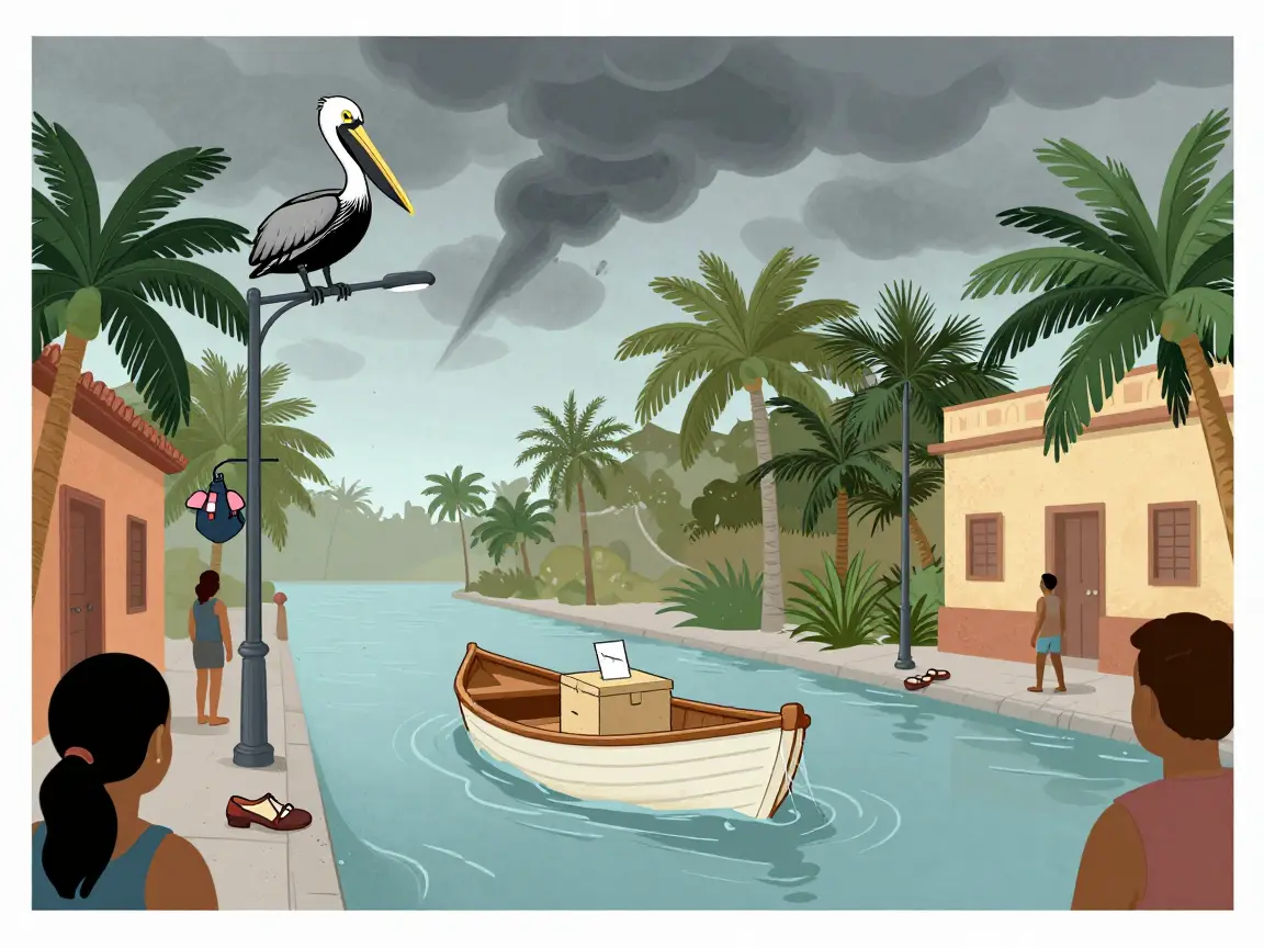 Caricatura de una calle inundada con una lancha que lleva una urna y un pelícano en un poste.