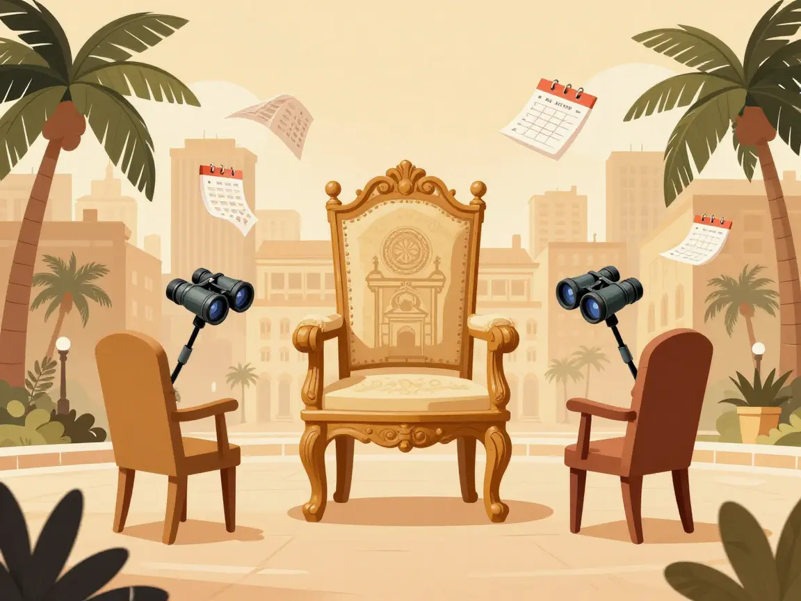 Caricatura de una silla grande en una plaza rodeada de binoculares y hojas de calendario.