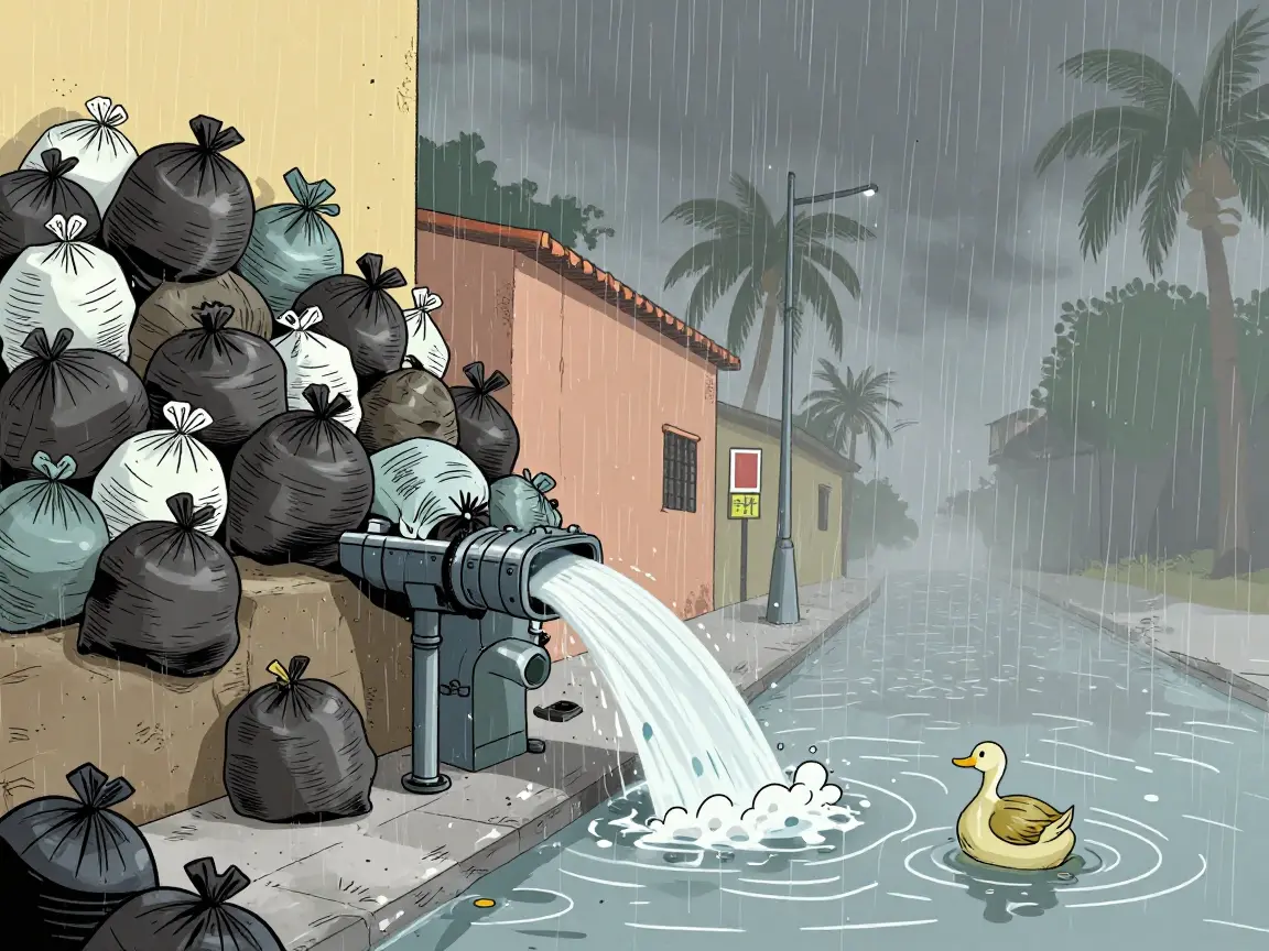 Caricatura de una calle inundada con bolsas de basura tapando una coladera y un pato flotando.