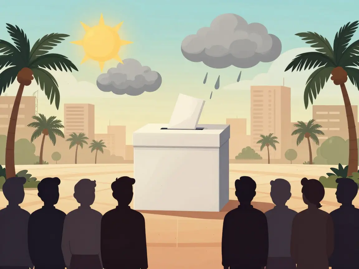 Caricatura de siluetas de espaldas haciendo fila hacia una urna gigante bajo un sol y una nube de lluvia.