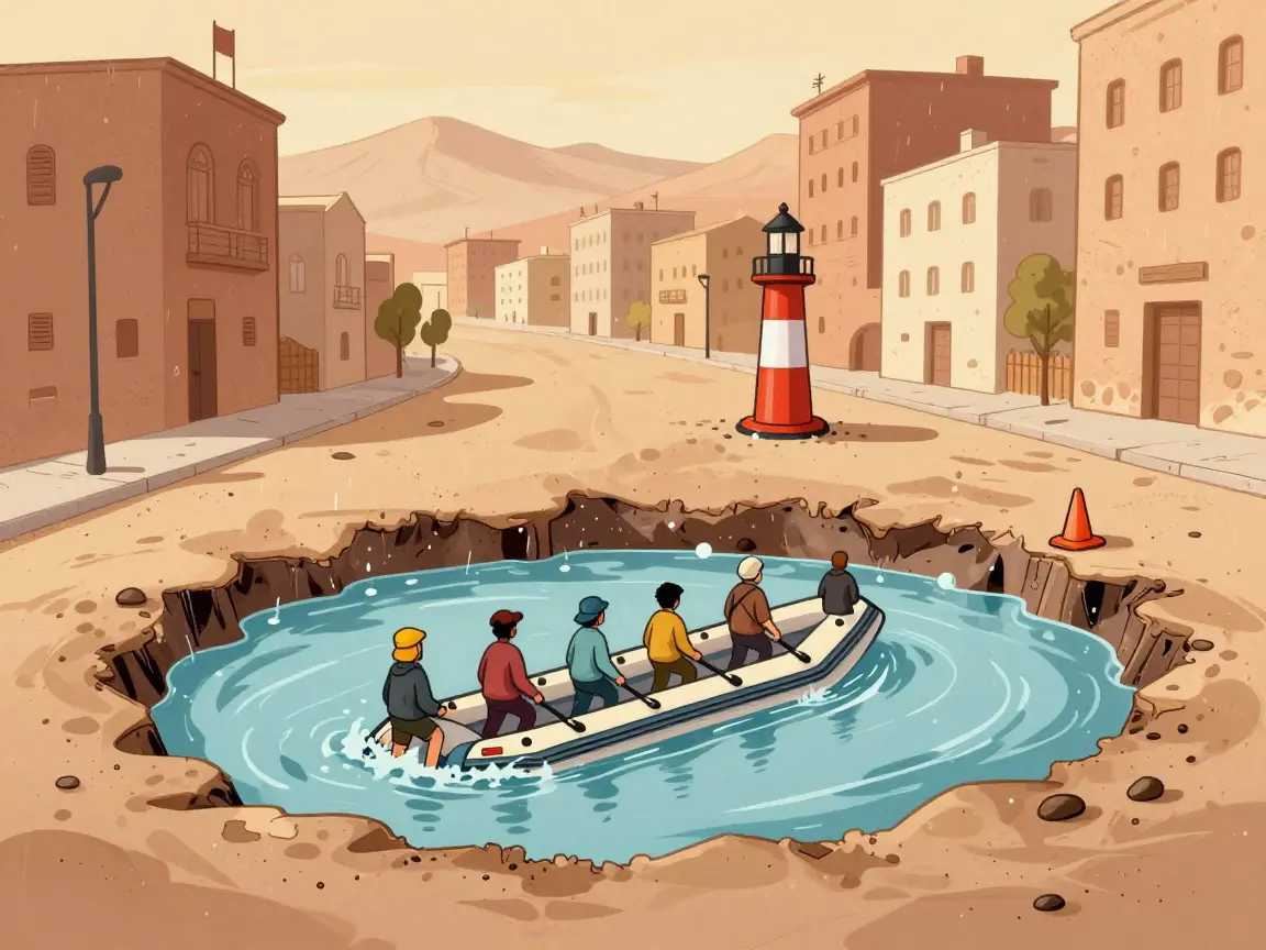 Caricatura de una calle con un bache enorme lleno de agua y peatones de espaldas cruzando en una balsa.
