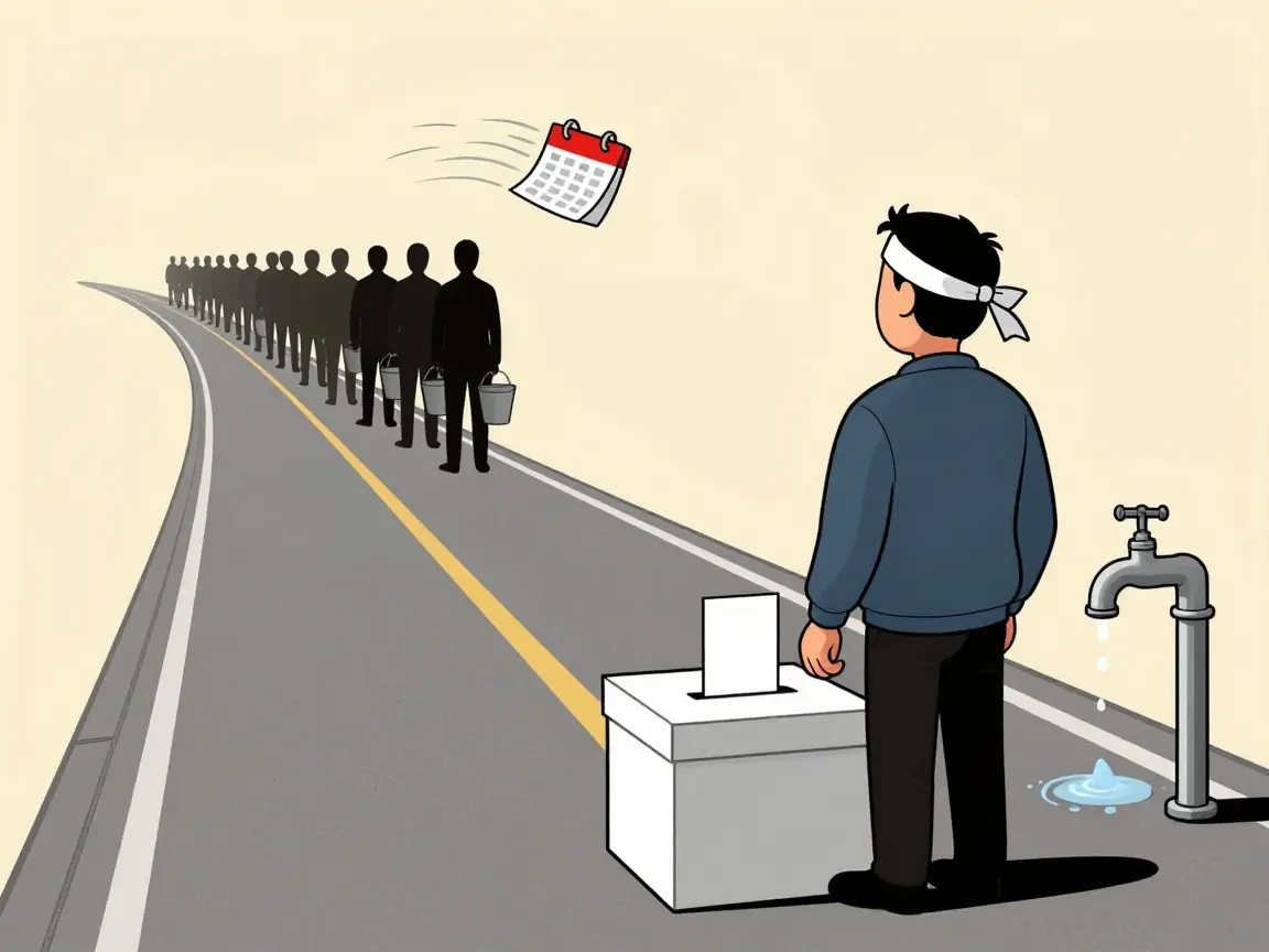 Caricatura de una urna al final de un camino y siluetas lejanas con cubetas vacías junto a una llave seca.