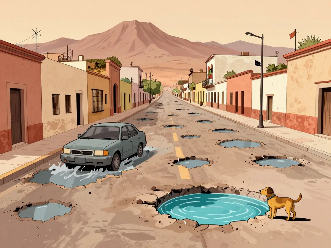 Caricatura de una calle con baches inundados y un perro mirando uno como si fuera alberca.