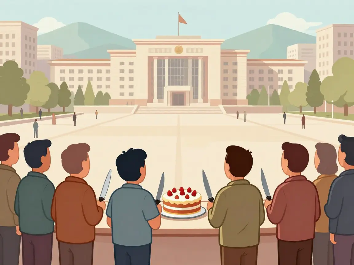Caricatura de gente de espaldas formada con cuchillos frente a un pastel enorme en una plaza.