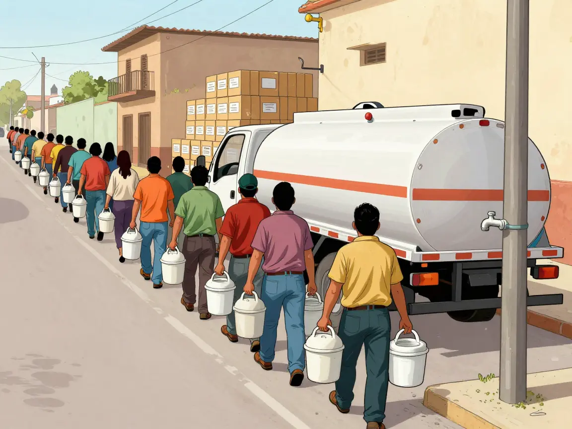 Caricatura de gente de espaldas formada con cubetas frente a una pipa de agua y urnas al fondo.