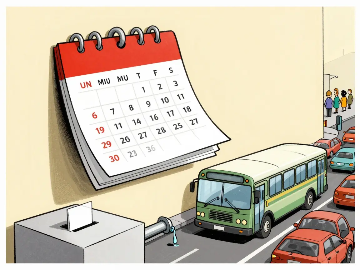 Caricatura de una hoja de calendario volando hacia una urna mientras una tubería seca gotea una sola gota.