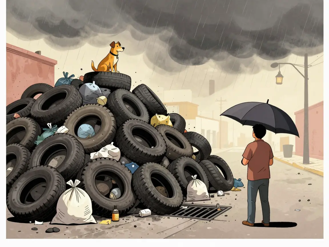 Caricatura de una calle con montaña de llantas y basura sobre una coladera bajo la lluvia, con un perro encima.