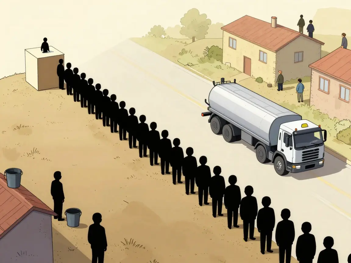 Caricatura de una fila de siluetas hacia una urna gigante mientras una pipa de agua pasa y vecinos con cubetas la miran.