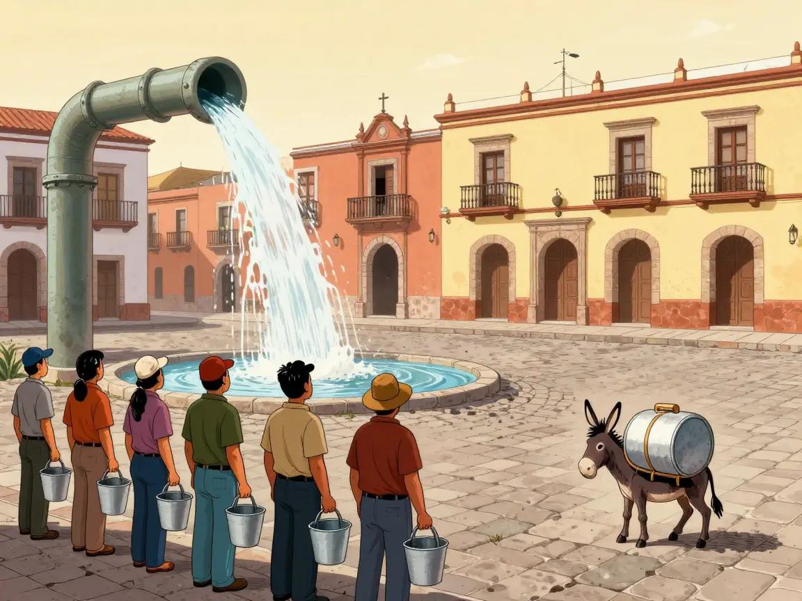 Caricatura de una plaza con una tubería que gotea y gente de espaldas con cubetas vacías