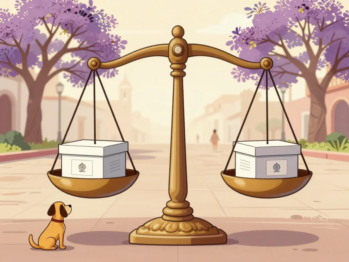 Caricatura de básculas niveladas con urnas en una plaza