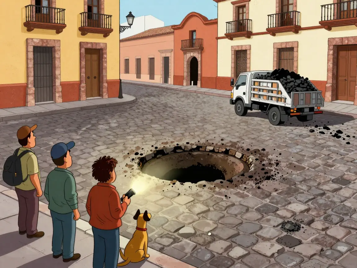 Caricatura de un bache enorme en una calle empedrada con gente de espaldas mirándolo y un camión con poco asfalto.