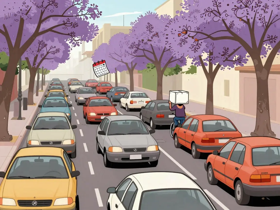 Caricatura de una calle con mucho tráfico y una persona de lejos en bicicleta con una urna.