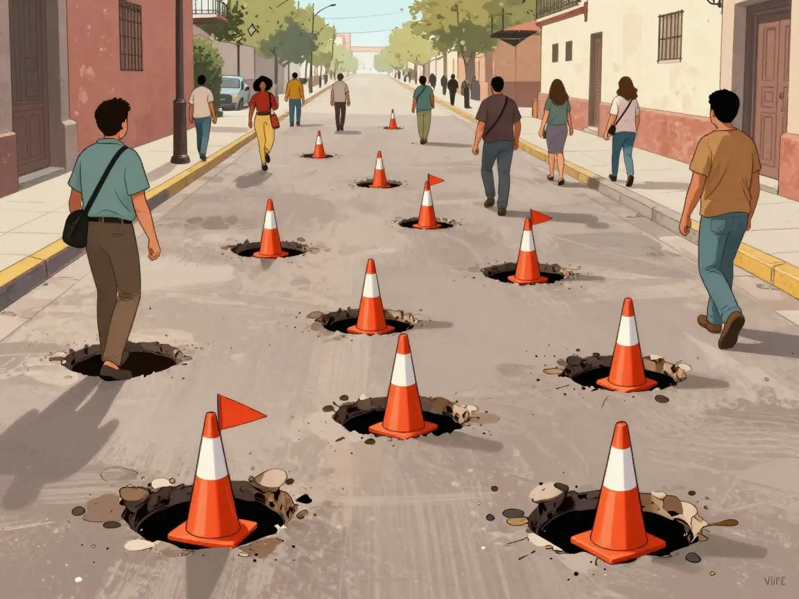 Calle de la CDMX con baches señalados con conos naranjas y peatones esquivándolos