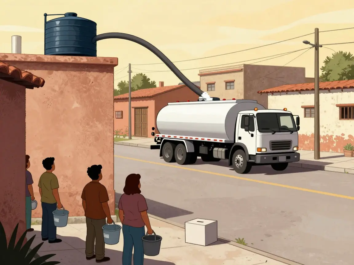 Caricatura de una pipa de agua con manguera larga llenando un tinaco en una colonia, con vecinos de espaldas con cubetas y una urna en la banqueta.