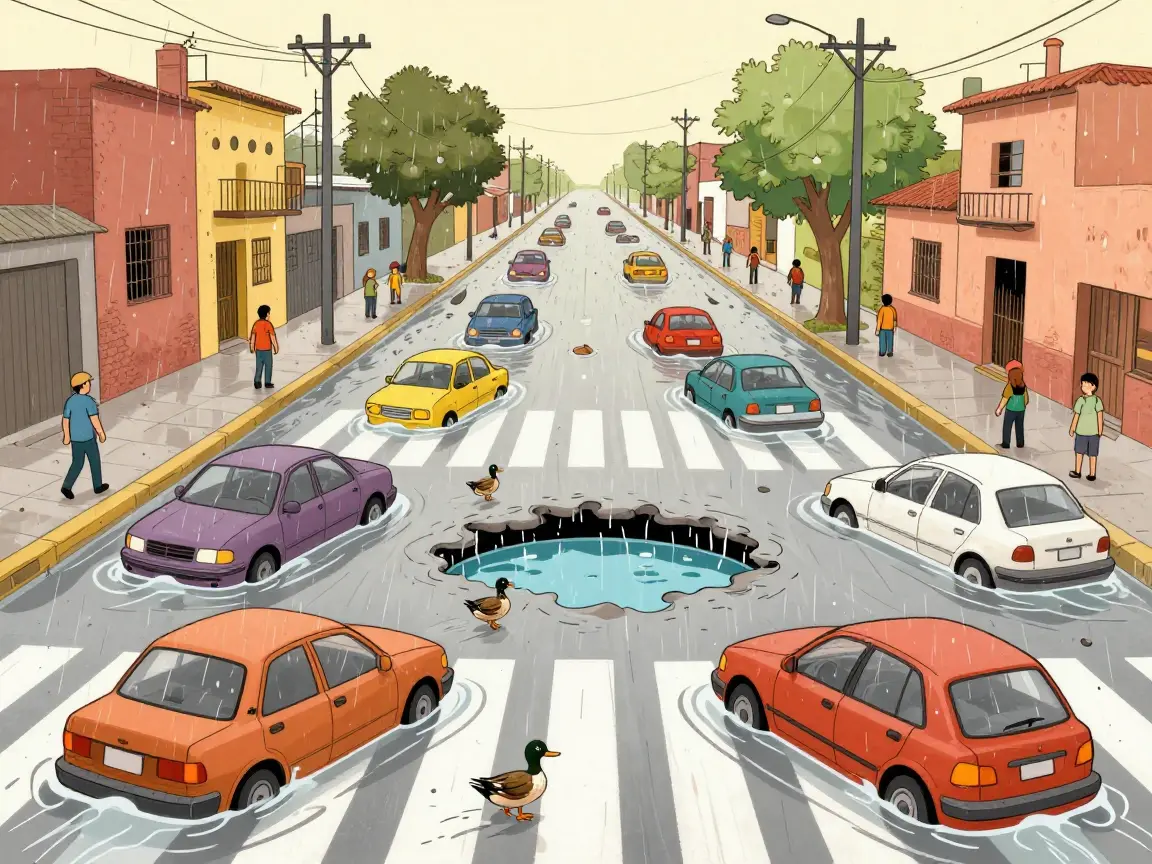 Caricatura de una avenida inundada con coches como botes, patos cruzando y un bache enorme convertido en laguito.