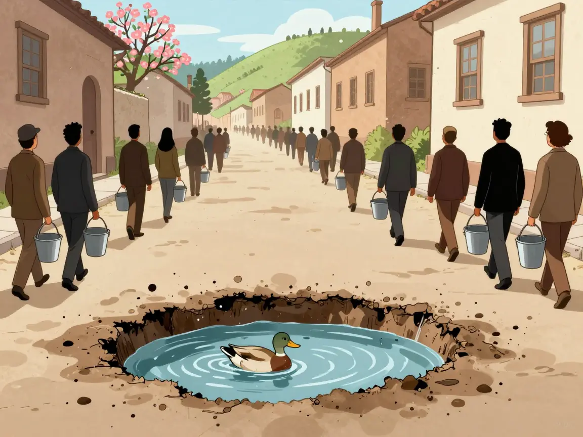 Caricatura de un bache enorme con agua y un pato, con gente de espaldas con cubetas vacías.