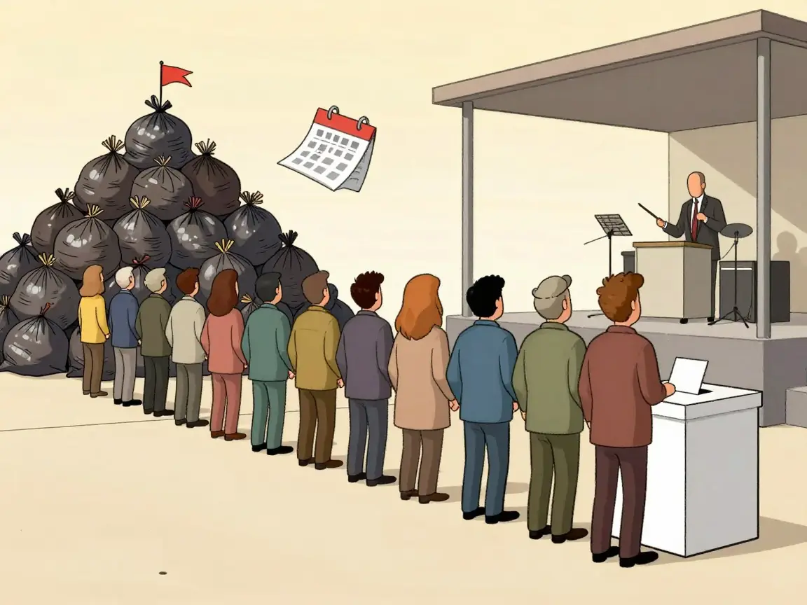 Caricatura de una larga fila de personas de espaldas ante una urna, con una montaña de bolsas de basura al lado.