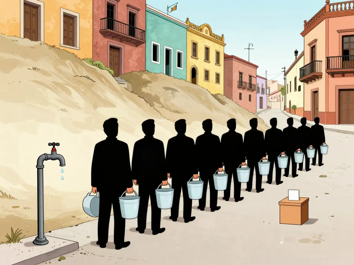 Caricatura de una fila de personas de espaldas con cubetas frente a una llave que gotea y una urna al final.