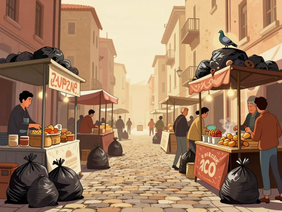 Caricatura del centro de una ciudad llena de puestos y bolsas de basura con una paloma sobre la pila.