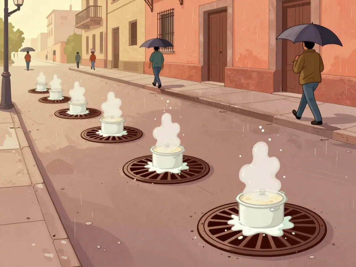 Caricatura de una calle inundada donde las coladeras desbordan y la gente cruza sobre piedras.