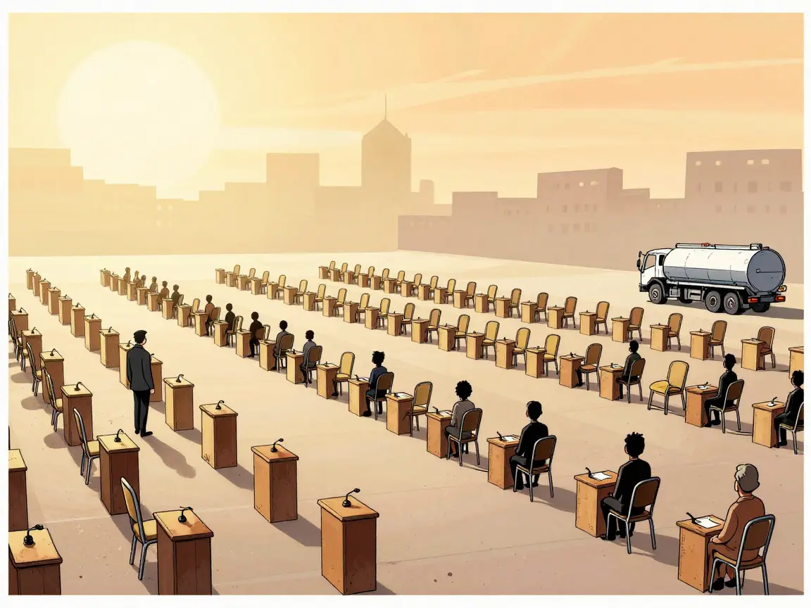 Caricatura de una plaza llena de sillas vacías y podios, con siluetas de espaldas acomodando más sillas.