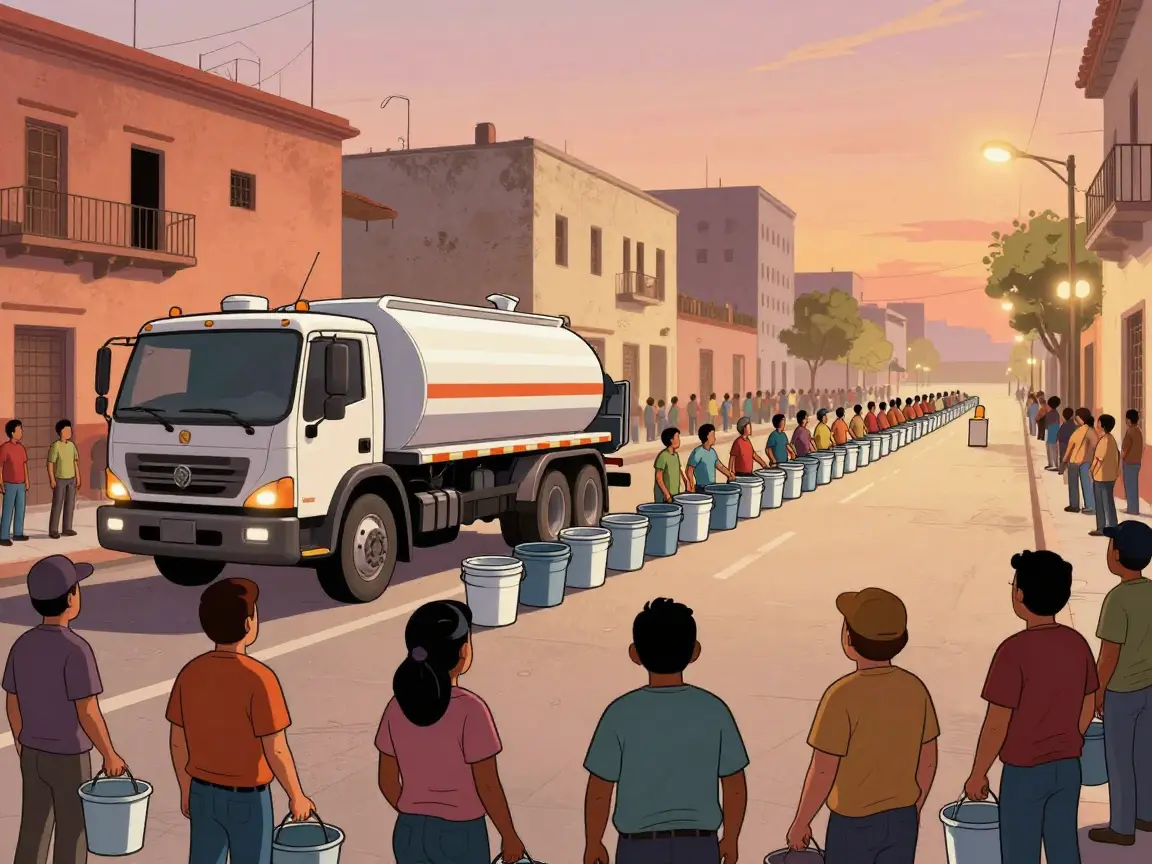 Caricatura de una fila de gente con cubetas junto a una pipa de agua y una urna al fondo.
