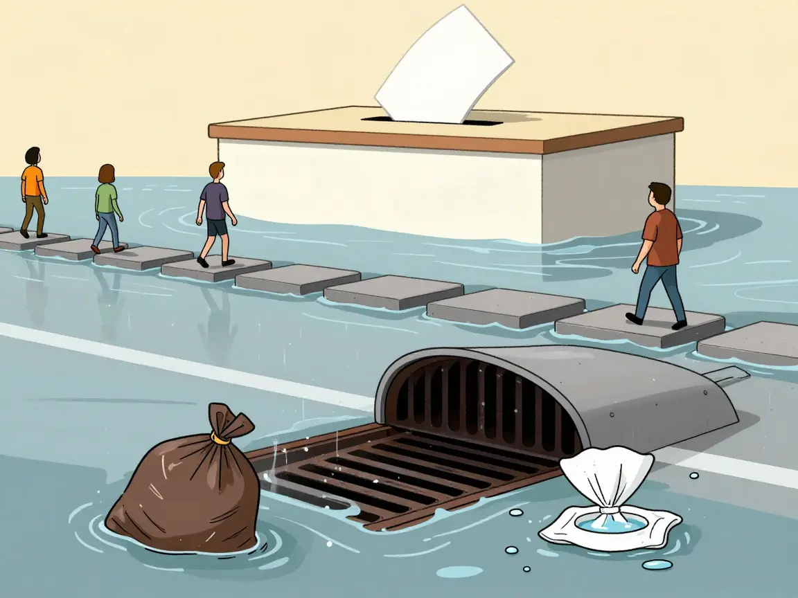 Caricatura de calle inundada con coladera abierta, basura flotando y una urna al fondo.