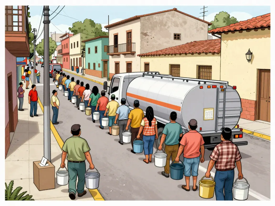 Caricatura de vecinos de espaldas con cubetas haciendo fila detrás de una pipa, con una urna al fondo.