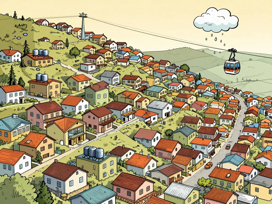 Caricatura de una colonia en ladera con tinacos en los techos, una nube soltando pocas gotas y un teleférico.