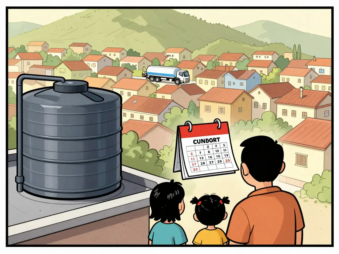 Caricatura de una familia en una azotea con tinaco vacío mirando un calendario que avanza.