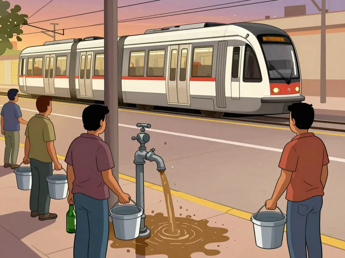 Vecinos de espaldas con cubetas frente a una llave que suelta agua color café, con un tren ligero detenido al fondo.