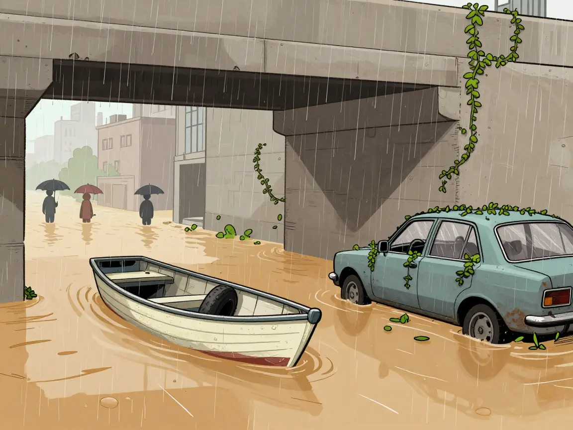Paso a desnivel inundado con un auto abandonado cubierto de hiedra y personas con paraguas a lo lejos.
