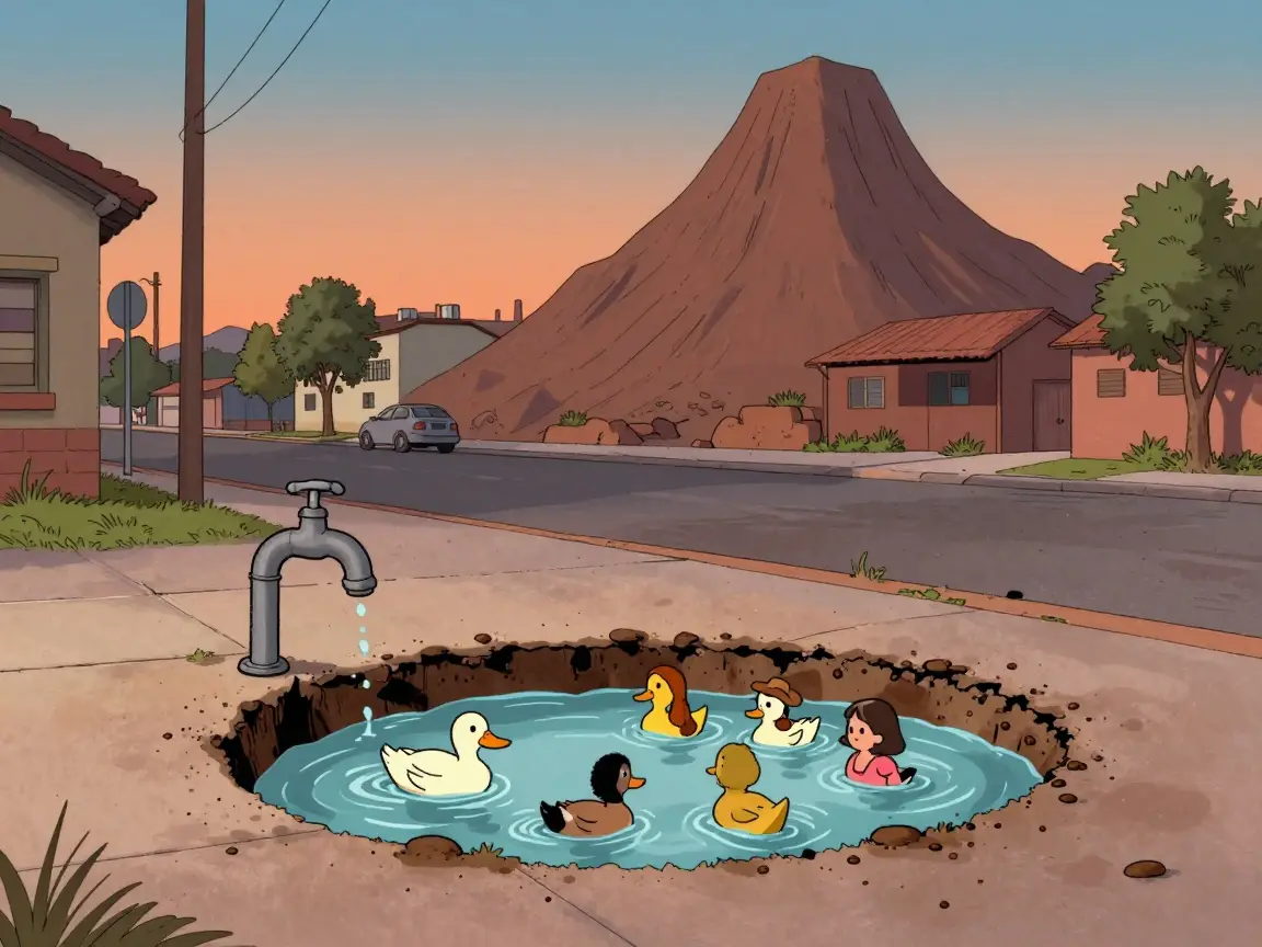 Caricatura de una calle con un bache lleno de agua y patos, junto a una llave seca y una montaña al fondo.