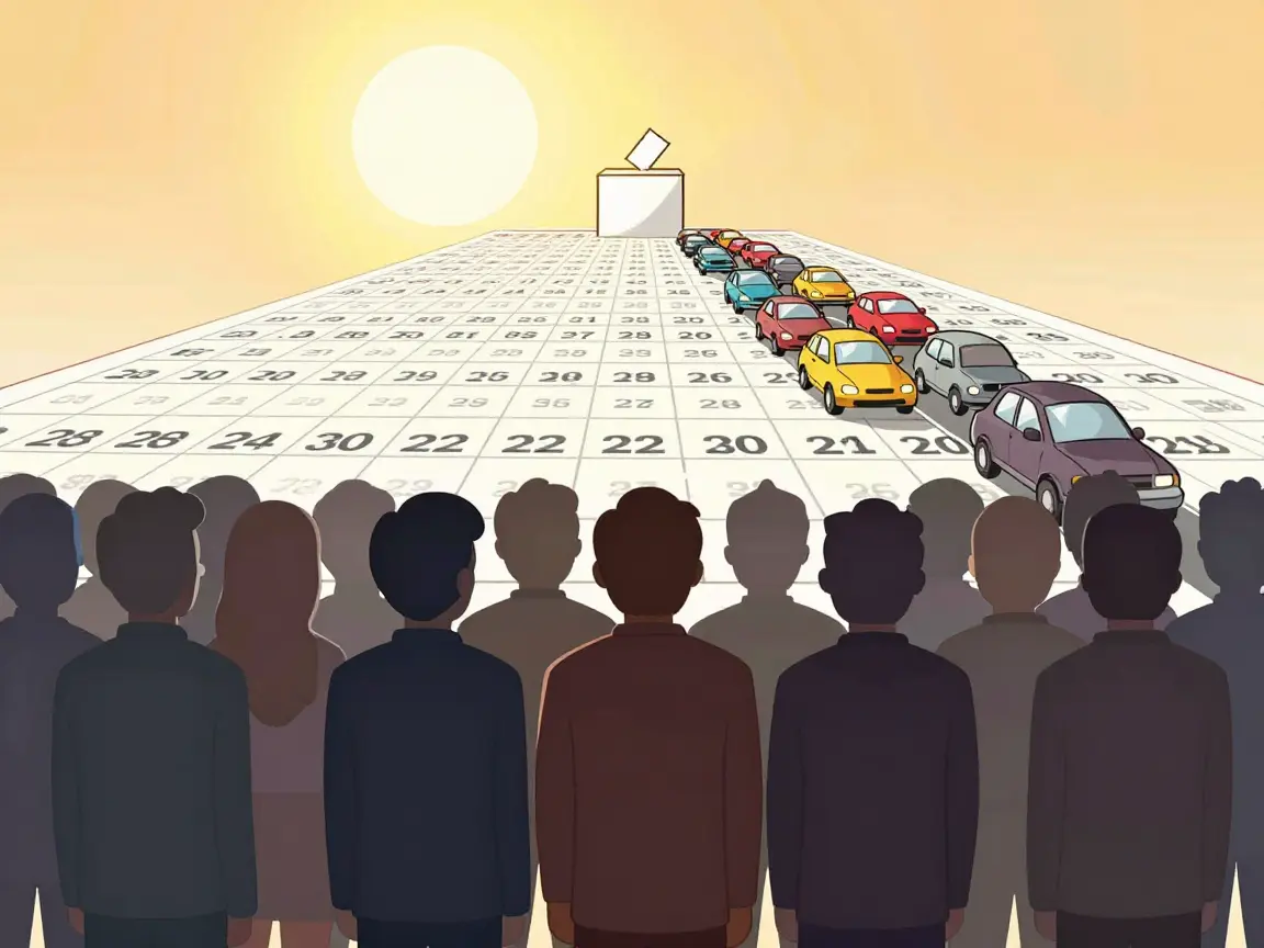 Caricatura de siluetas de espaldas haciendo fila hacia una urna lejana con tráfico de coches de juguete en medio.
