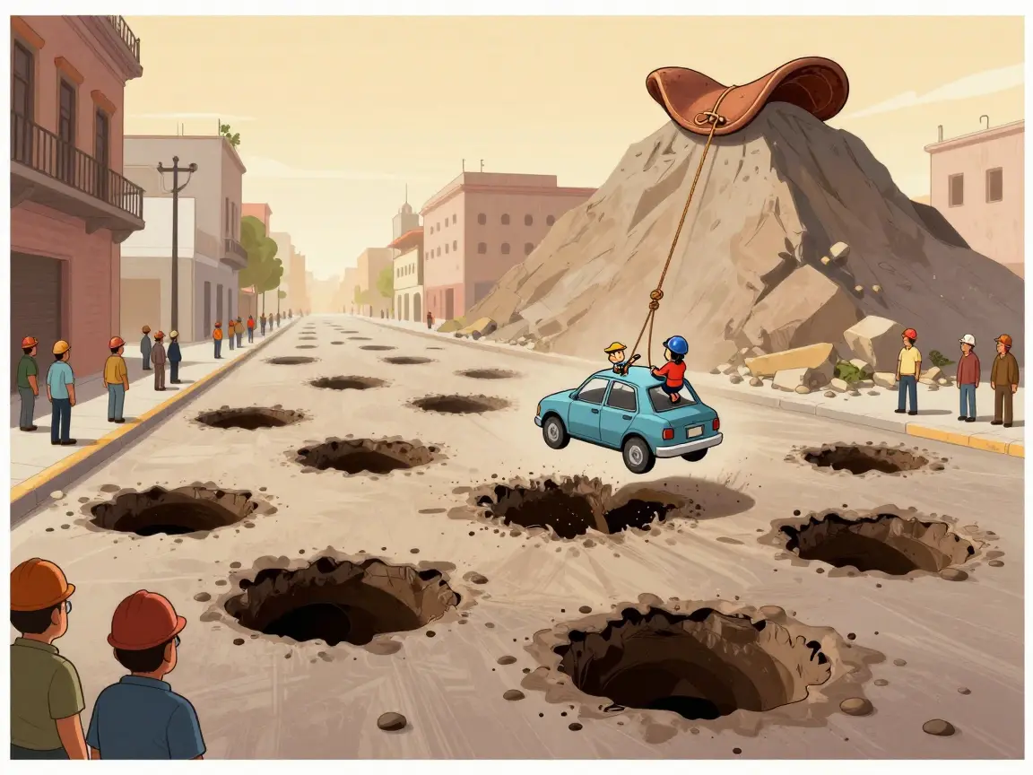 Caricatura de un carro bajando con cuerdas a un bache enorme en una avenida.